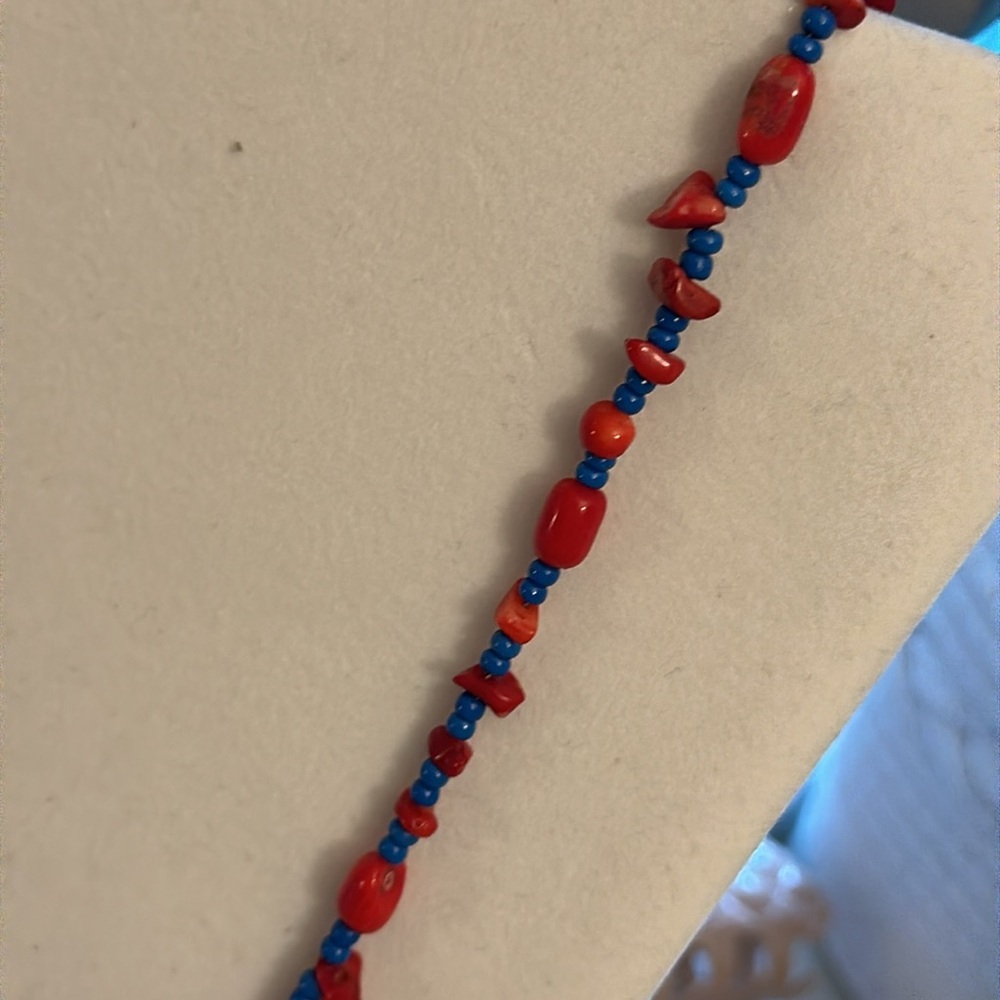 Apple Coral & Lapis Beaded Necklace handmade - Picture 3 of 5